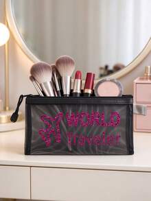 Transparent Mesh Pencil Case, Storage Bag, Makeup Bag, Printed With Airplane Pattern, Toiletries Storage Bag, Suitable For Travel, Student Dormitory - Multicolor - View 1