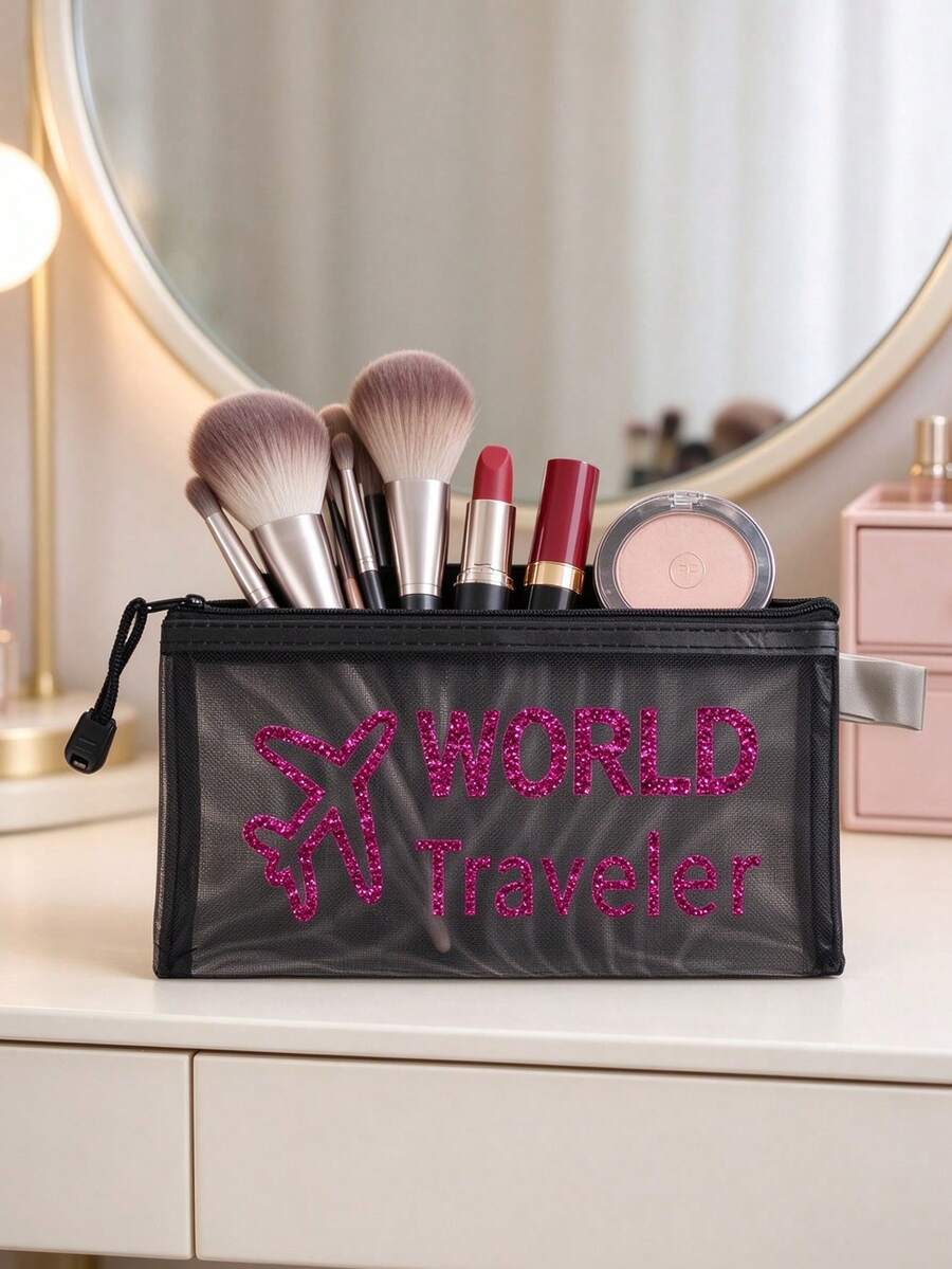 Transparent Mesh Pencil Case, Storage Bag, Makeup Bag, Printed With Airplane Pattern, Toiletries Storage Bag, Suitable For Travel, Student Dormitory - Multicolor - View 1
