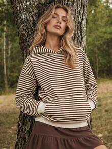1pc Women's Y2K Style Pink Striped Loose Drop Shoulder Comfortable Pullover Sweatshirt, Autumn Daily Streetwear Layering Casual Sweatshirt - Apricot - View 3