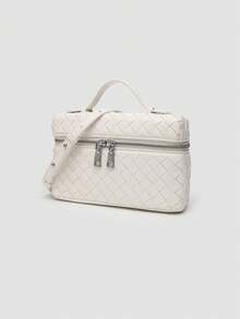 1pc Solid Color Woven PU Square Crossbody Bag Small Purse For Women, Suitable For Daily Fashion Matching And Travel - White - View 2