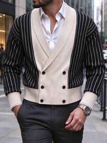 Autumn/Winter New Men's British Style Vintage Knit Striped Colorblock Cardigan Sweater - Black - View 3
