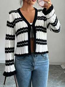 HOMEYEE Black & White Contrast Striped V-Neck Tie-Front Hollow Knit Cardigan Women's Ruffle Hem Flare Sleeve Short Slim Fit Sun Protection Jacket - Black - View 5