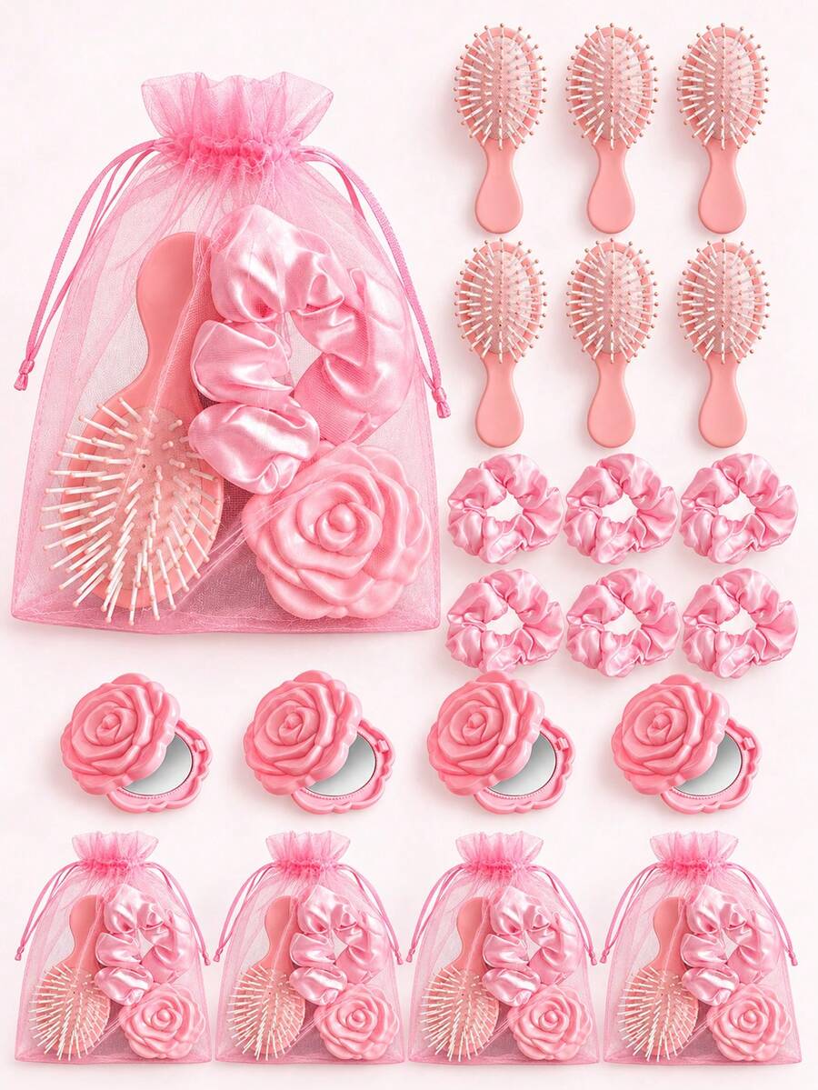 6pcs/3pcs/2pcs Pink Rose Compact Mirror, Mini Hair Brush, Satin ...