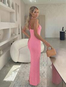 Women's Summer Solid Color Sexy Sleeveless Maxi Dress, Back Slit, Back Ring Patchwork Design, Slim Fit Spaghetti Strap Dress, Beach Vacation Style - Pink - View 1