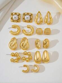 6/18pcs Square + Faux Pearl, C-Shaped Round Twisted Multi-Style Earrings, Fashionable Elegant Exquisite Jewelry, Perfect For Parties, Travel, Daily Casual Wear - Gold - View 2