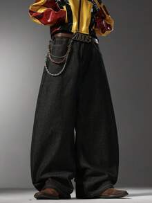 Men's Hip-Hop Style Jeans, Subtle Printed Back Panel & Exquisite Back Pocket Embroidery, Wide Leg Casual All-Season Long Pants (No Belt & Accessories) - Black - View 6