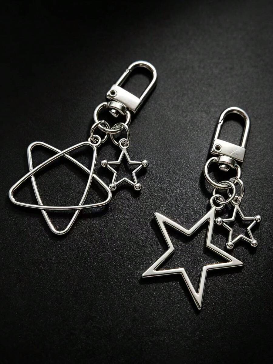 1pcMinimalist Silver Hollow Star Keychain, Y2K Pentagram Hexagram Bag Charm, Aesthetic Backpack Pendant - Multicolor - View 1
