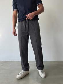 Men's Drawstring Waist Straight Leg Casual Pants, Dark Gray Front Seam Design, 3D Cut, Draped Loose Fit, Versatile Everyday Trousers - Grey - View 2