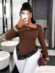 BIUBIU Elegant Plus Size Women Long Sleeve Rib Knit Top Featuring An Asymmetrical Neck And Chic Contrast Lace Hem For Fashionable Fall Outfits,Going Out Tops - Coffee Brown - View 7