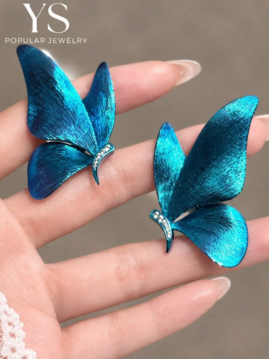 1 Pair Elegant Blue Butterfly Rhinestone Earrings, Versatile Jewelry For Women Dating, Vacation, Commuting, Party, Perfect Gift For Girlfriend And Family - Blue - View 1