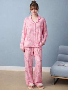 Gongdie 2pcs/Set Women's Pajama Set, Soft Pink Plaid Bowknot Loungewear With Pockets, Autumn/Winter - Pink - View 8
