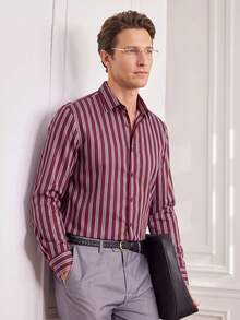 Officeau Men's Business Striped Contrast Color Single-Breasted Long Sleeve Shirt - Red - View 1