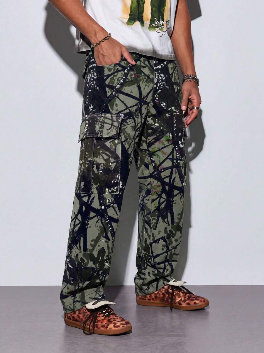 Modcrash Men's Summer Printed Straight Leg Cargo Pants, Multi-Pocket Loose Fit, Versatile For Commuting, Beach, Gym, Hiking - Multicolor - View 1