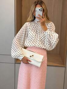 Women's Polka Dot Elegant Chiffon Stand Collar Loose Blouse, Back Tie Design, Semi-Transparent Chiffon Material, Suitable For Daily Commute, Vacation And Autumn/Winter Multi-Functional Top - Apricot - View 6
