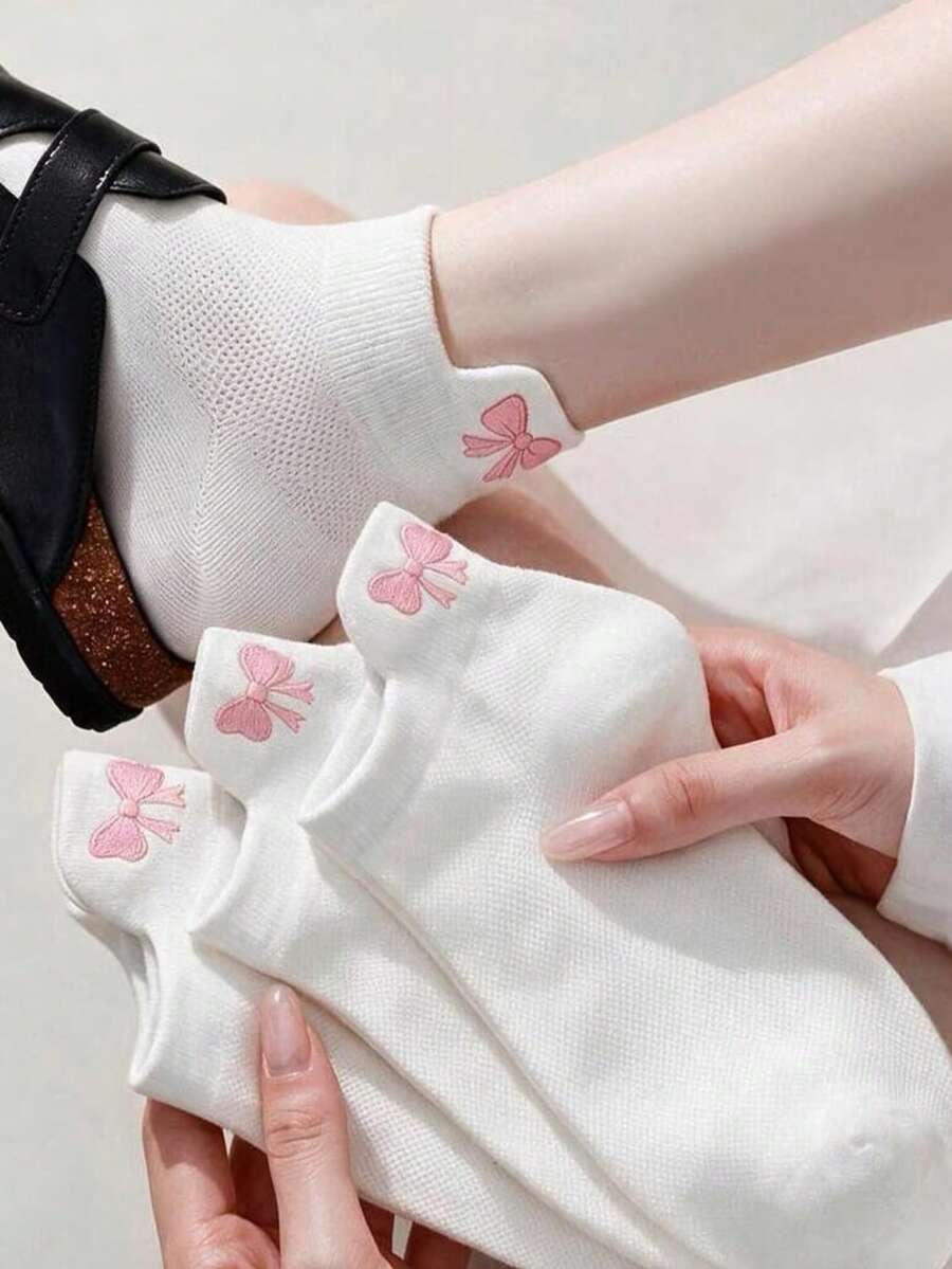 5 Pairs Bow Decor Women's Casual Ankle Socks - White - View 1
