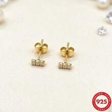 1 Pair S925 Sterling Silver Pierced Earrings, 3pcs 1.5mm Round Zirconia Mini Linear Stud Earrings, Small Versatile Daily Jewelry - Gold - View 5