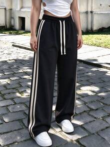 Women's Casual Black Side Stripe Wide Leg Sweatpants, Drawstring Elastic Waist Loose Fit Streetwear Style Long Pants, Autumn/Winter Daily Wear - Black - View 4