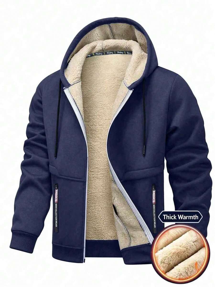 Men's Winter Full Lamb Fleece Lined Hooded Sweatshirt, Elastic Drawstring Hood, Zipper Side Pockets, Loose Fit Warm Jacket - Royal Blue - View 1