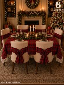 Khăn trải bàn kẻ caro Tartan Giáng Sinh viền bèo nhún, bộ 4 nơ buộc ghế nơ lớn, khăn trải bàn kẻ caro Buffalo đỏ, trang trí bàn và ghế phong cách nông trại cho tiệc tối lễ Giáng Sinh - Nhiều màu - Xem 3
