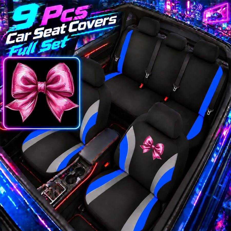 Shiny Hot Pink Bow Print 9-Piece Car Seat Cover Set, Full Car Interior Accessories Suitable For Daily Use By Women And Girls - Double Waistline - View 1