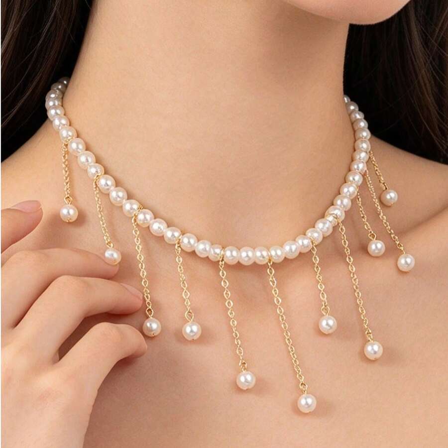 1件時尚優雅小眾設計珍珠串珠流蘇項鍊,女款珠寶,優雅日常佩戴珠寶禮物 - 白色 - 查看 1