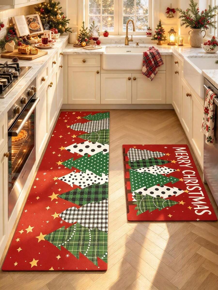 1/2pcs Christmas Kitchen Decor Rugs, Colorful Christmas Tree Pattern Design Winter Kitchen Rugs And Mats, Non-Slip Washable Absorbent Kitchen Accessories Decorative Mats, Christmas Holiday Gifts! - Multicolor - View 1