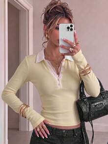 Soft & Sweet Style Lace Patchwork Polo Collar Long Sleeve T-Shirt For Women, Autumn Niche Design Slim Fit Flattering Top - Yellow - View 5