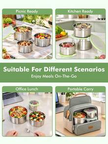 Meoky 3Pcs 304 Stainless Steel Round Food Storage Containers With Lids, Stackable Sealed Box, Refrigerator Organizer, Outdoor Picnic & School Lunch Meal Prep Box(Green Cap) - Green Ring Transparent Lid - 3-piece Set - View 4