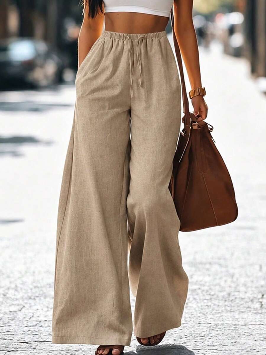 Women's Casual Comfortable Breathable Loose Drapey Linen Wide Leg Pants, Versatile Long Pants For Commuting And Vacation - Apricot - View 1