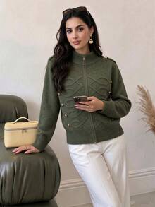 Fashionable Bohemian Style Cable Knit Zipper Cardigan For Women, Long Sleeve Regular Length Stand Collar Sweater With Gold Buttons, Suitable For Autumn - Army Green - View 2