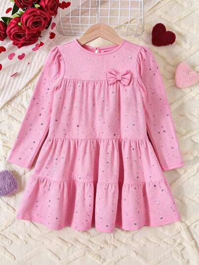 Vestido Infantil Casual Rosa Para Niñas de 4 a 12 años con Estampado de Estrellas Brillantes y Moño