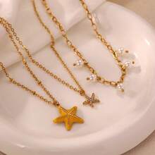 3pcs Beach Vacation Style Stainless Steel Enamel Full Rhinestone Star Pendant With Faux Pearl Men's Necklace, Brother Vacation Gift, Suitable For Vacation Wear - Gold - View 2
