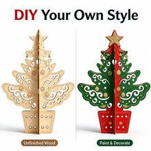 Large DIY Paintable Wooden Christmas Tree Ornament, Unpainted 3D Slot-Together Christmas Tree Figure, Laser Cut Hollow Pattern, Blank Surface For Graffiti Craft Activity, Christmas New Year Holiday Tabletop Decor, 4 Styles - Combo Pack - View 11