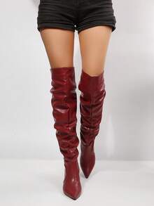 Women's Over-The-Knee Boots, Autumn/Winter Hot-Selling, Pointed Toe, Ruched, High Heel, Over-The-Knee Leather, Slip-On, Black, Elegant And Sexy - Burgundy - View 7