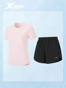 XTEP Short Sleeve Sports Set | 2 Pieces Short Sleeve Set, Autumn 2026 New Breathable Comfortable Sports Set For Women, Milkshake Pink - Milkshake Powder - View 2