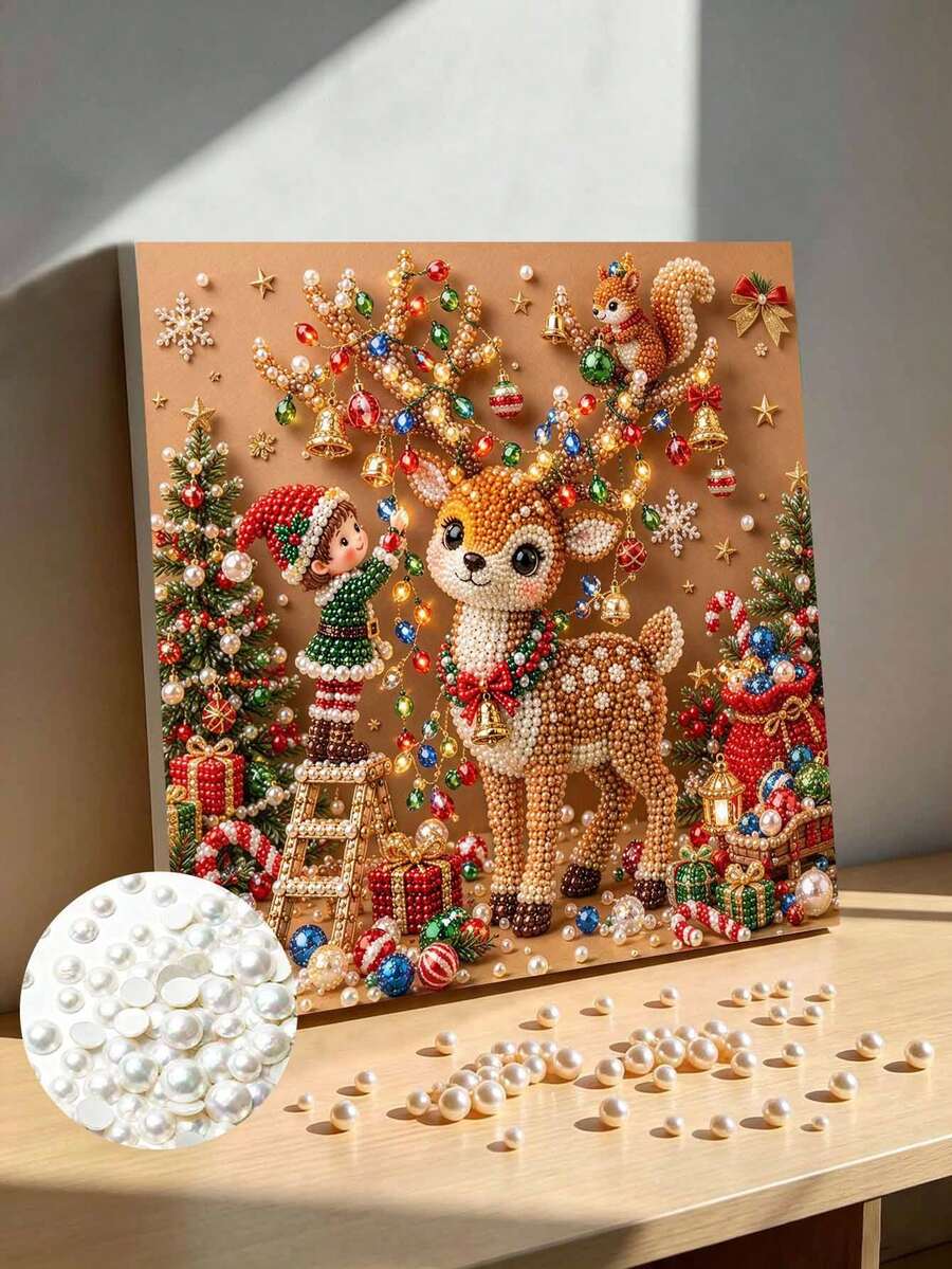 مجموعة رسم اللؤلؤ DIY مع إطار، صورة فن الجواهر قزم عيد الميلاد & الرنة، ديكور جدار منزلي عيد الميلاد مصنوع يدويًا هدية - A - مشاهدة 1