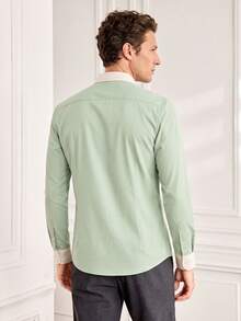 Officeau Men's Formal Shirt, Minimalist, Olive Green And Beige Colorway - Green - View 2