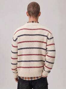 Vaulklash Men's Minimalist Striped Neutral Style Crew Neck Pullover Long Sleeve Knit Sweater, Casual Versatile, Suitable For Various Occasions - White - View 2