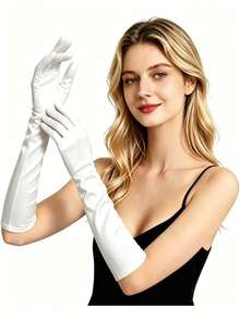 1 Pair Women's White Elastic Satin Long Elbow Length Gloves - Multicolor - View 3