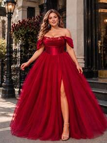 VIPGIRL Gaun Malam Merah Elegan Ukuran Plus, Tanpa Bahu, Berhiaskan Payet, Tanpa Tali Bahu, Terbuat dari Kain Jala Berkerut, Gaun Malam Formal Panjang - Burgundy - View 4