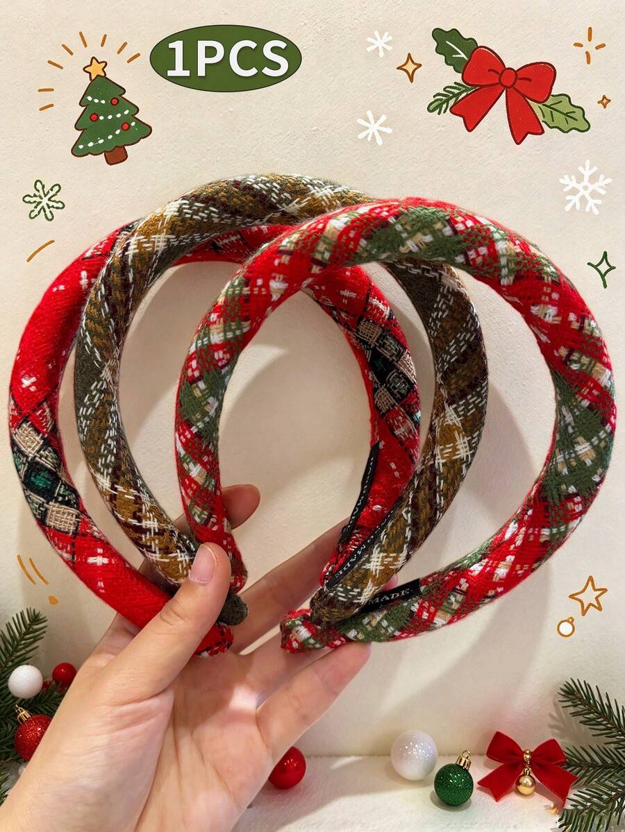 1pc Christmas New Year Red Simple Plaid Wide Headband For Little Girls ...