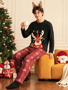 Notgurli Christmas 4-Piece Set Santa Hat Print Couple Pajama Set, Red And Black Color, Summer, Beautiful, Suitable For Family Wear Couple Christmas Pajama Set - Multicolor - View 26