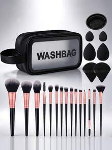 23PCS Makeup Tools Kit, 15PCS Soft Synthetic Makeup Brushes For Powder, Blush, Foundation, Eyeshadow, Brow & Lip, With 4 Makeup Sponges, 2 Triangle Powder Puffs, Brush Cleaning Bowl & Portable Storage Bag, All-In-One Cosmetic Set For Daily Makeup - Black - View 1