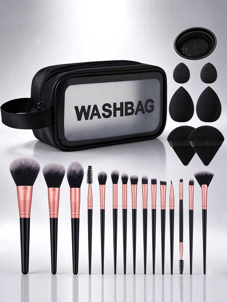 23PCS Makeup Tools Kit, 15PCS Soft Synthetic Makeup Brushes For Powder, Blush, Foundation, Eyeshadow, Brow & Lip, With 4 Makeup Sponges, 2 Triangle Powder Puffs, Brush Cleaning Bowl & Portable Storage Bag, All-In-One Cosmetic Set For Daily Makeup - Black - View 1