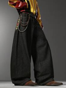Men's Hip-Hop Style Jeans, Subtle Printed Back Panel & Exquisite Back Pocket Embroidery, Wide Leg Casual All-Season Long Pants (No Belt & Accessories) - Black - View 4