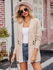 Plus Size Women's Minimalist Street Style Button Long Sleeve Knit Cardigan - Oatmeal - View 11