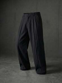 Men's Front Pleated Wide Leg Trousers, Black High Waist Draped Loose Floor-Length Fit, Structured Casual Dress Pants - Black - View 4