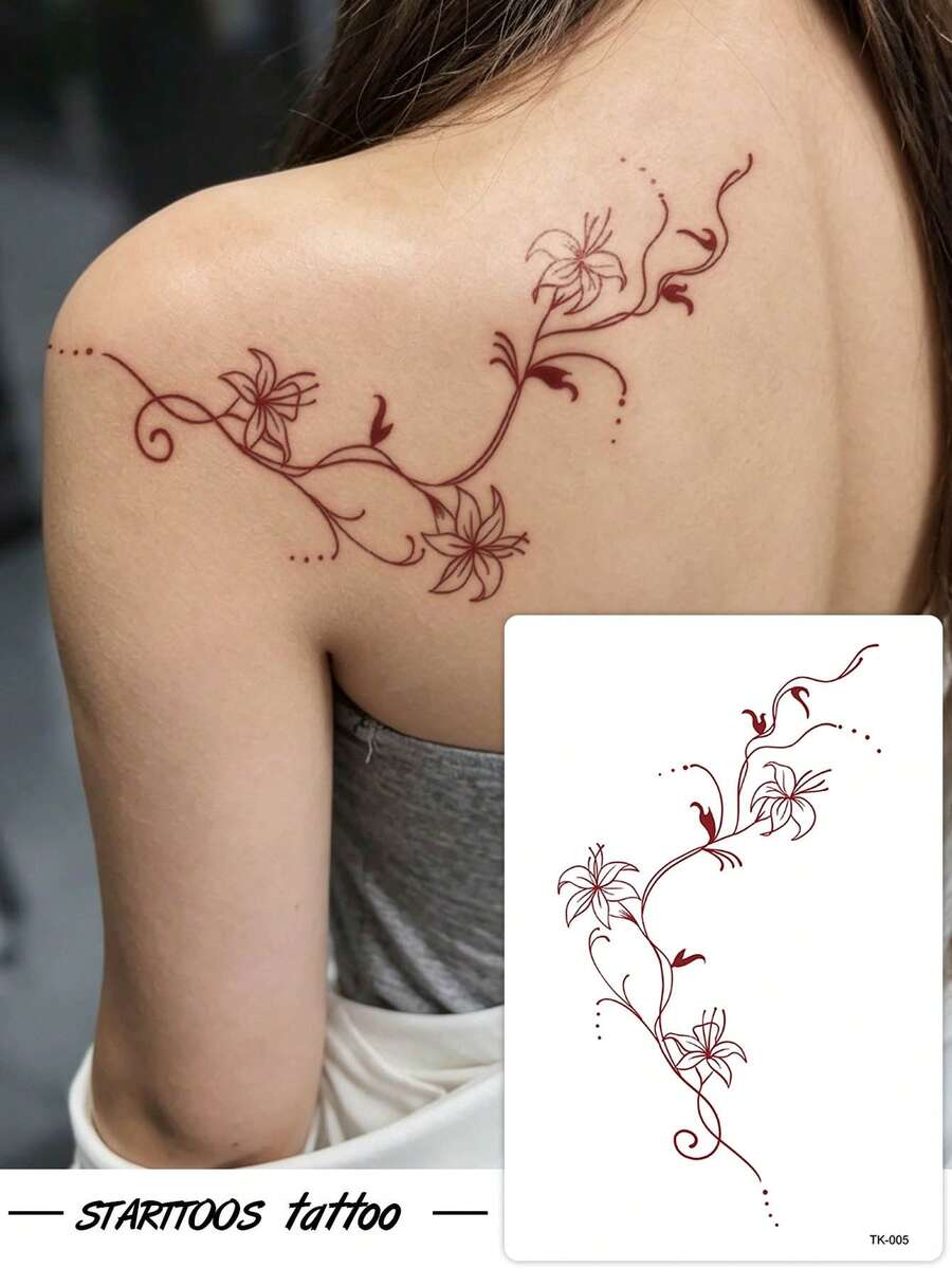 STARTTOOS 1pc Red Minimalist Floral Branch & Leaf Pattern Temporary Tattoo Sticker, Waterproof Body Tattoo Decal For Shoulder, Neck, Collarbone, Waist, Abdomen, Back, Party Gift DIY Holiday Gift - Red - View 1