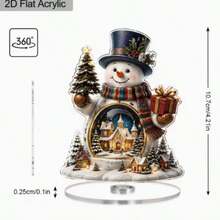 1pc Vintage Christmas Snowman Acrylic Tabletop Stand, 2D Flat Printed Snowman With Winter Town Scene Rotating Ornament, Xmas Table Decor Gift - D - View 2