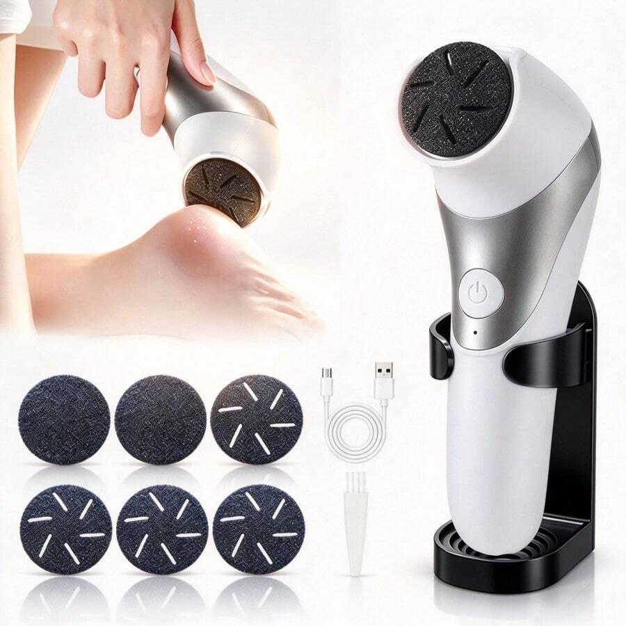 MIGUAN 1 Set Electric Foot Grinder Kit, Includes 6 Replacement Grinding Heads And Wall Mount, USB Rechargeable Foot File Callus Remover Set, Suitable For Dead Skin, Calluses, Hard Skin And Cracked Heels, 2 Speed Settings, Unisex Gift - View 1